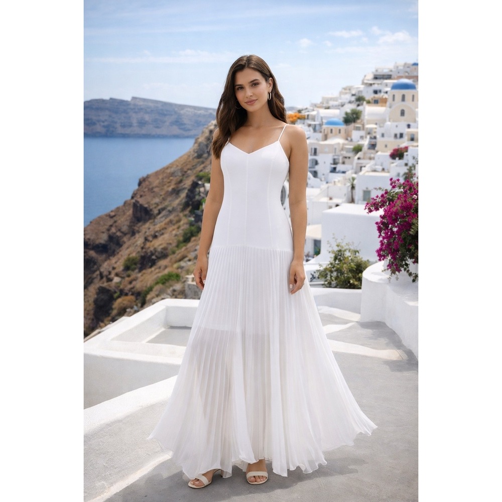 Commense Semi-Sheer  Maxi Dress White Flowy Pleated Party Wedding Guest Gown S‎